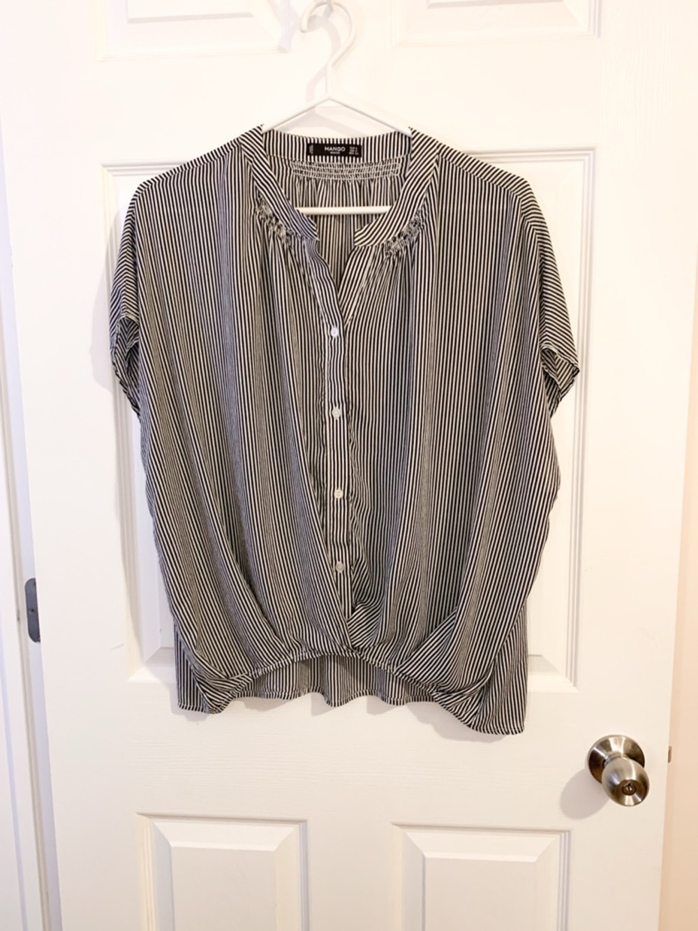 Mango Black & White Vertical Stripe Button-Front Blouse